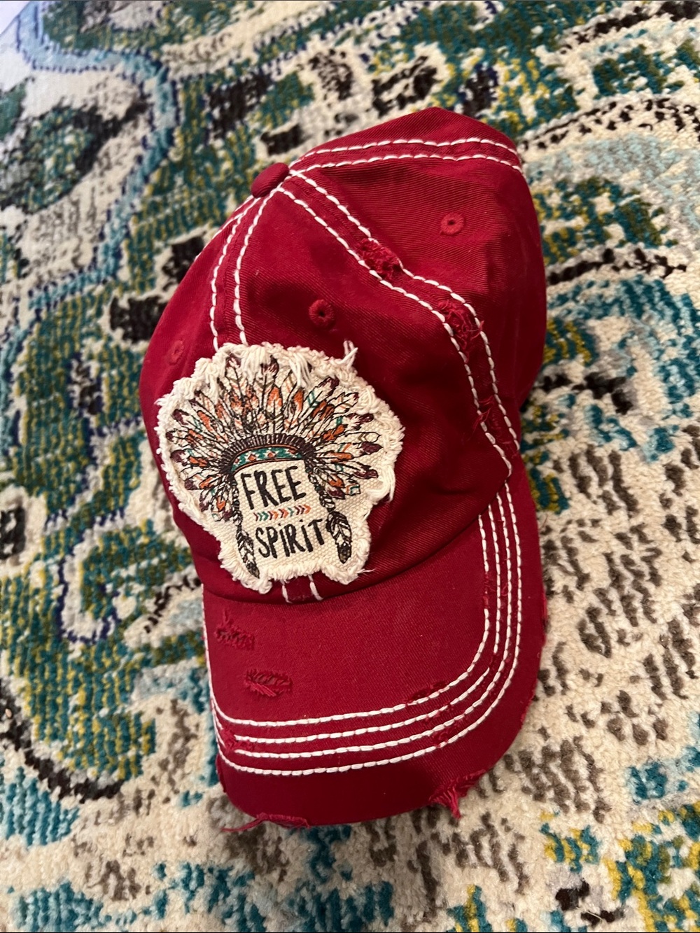KBETHOS Red 'Free Spirit' Embroidered Distressed Baseball Cap - Picture 6 of 7